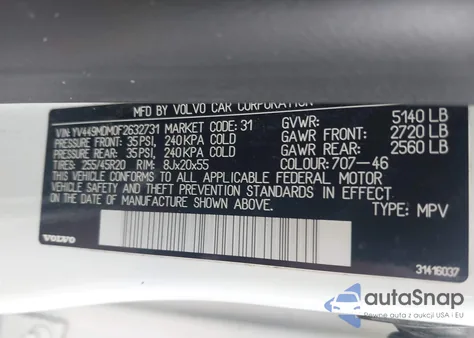 2015 Volvo Xc60 T6 Platinum из США, поврежденный, VIN YV449MDM0F2632731